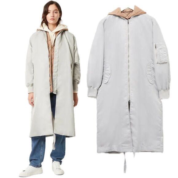 French Connection Grey Layered Long Bomber Jacket Size Small - Picture 2 of 10